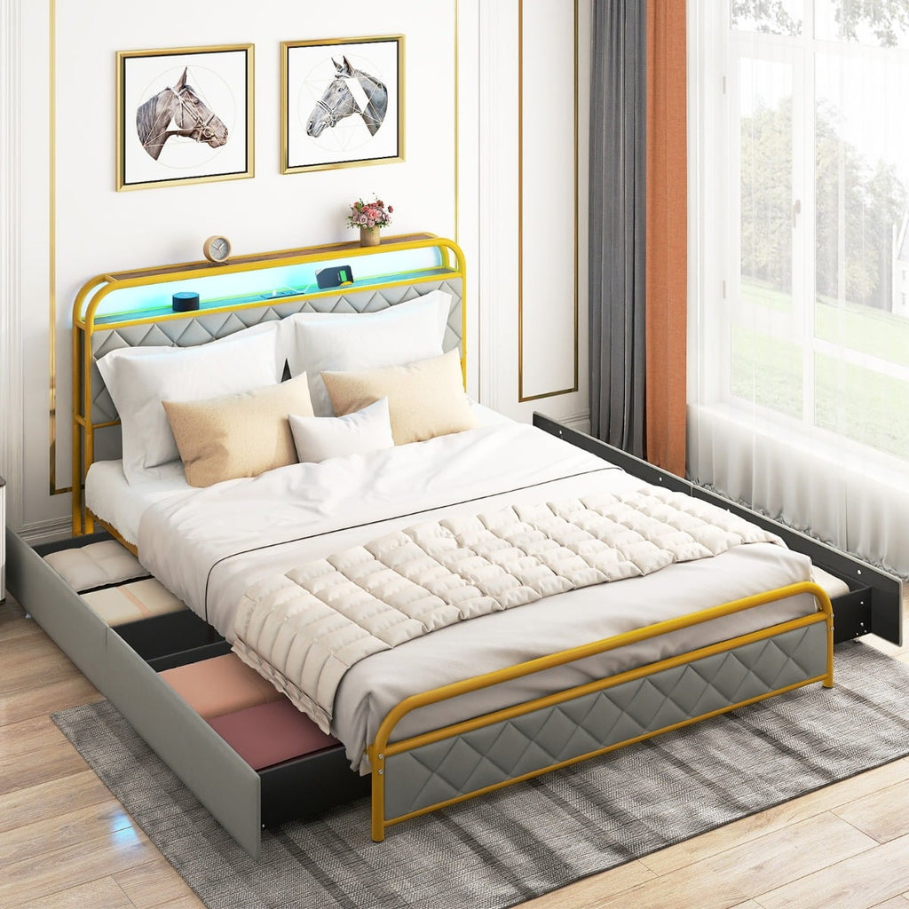 Modern Faux Leather Upholstered Platform Bed with Storage Headboard-Golden-King Size