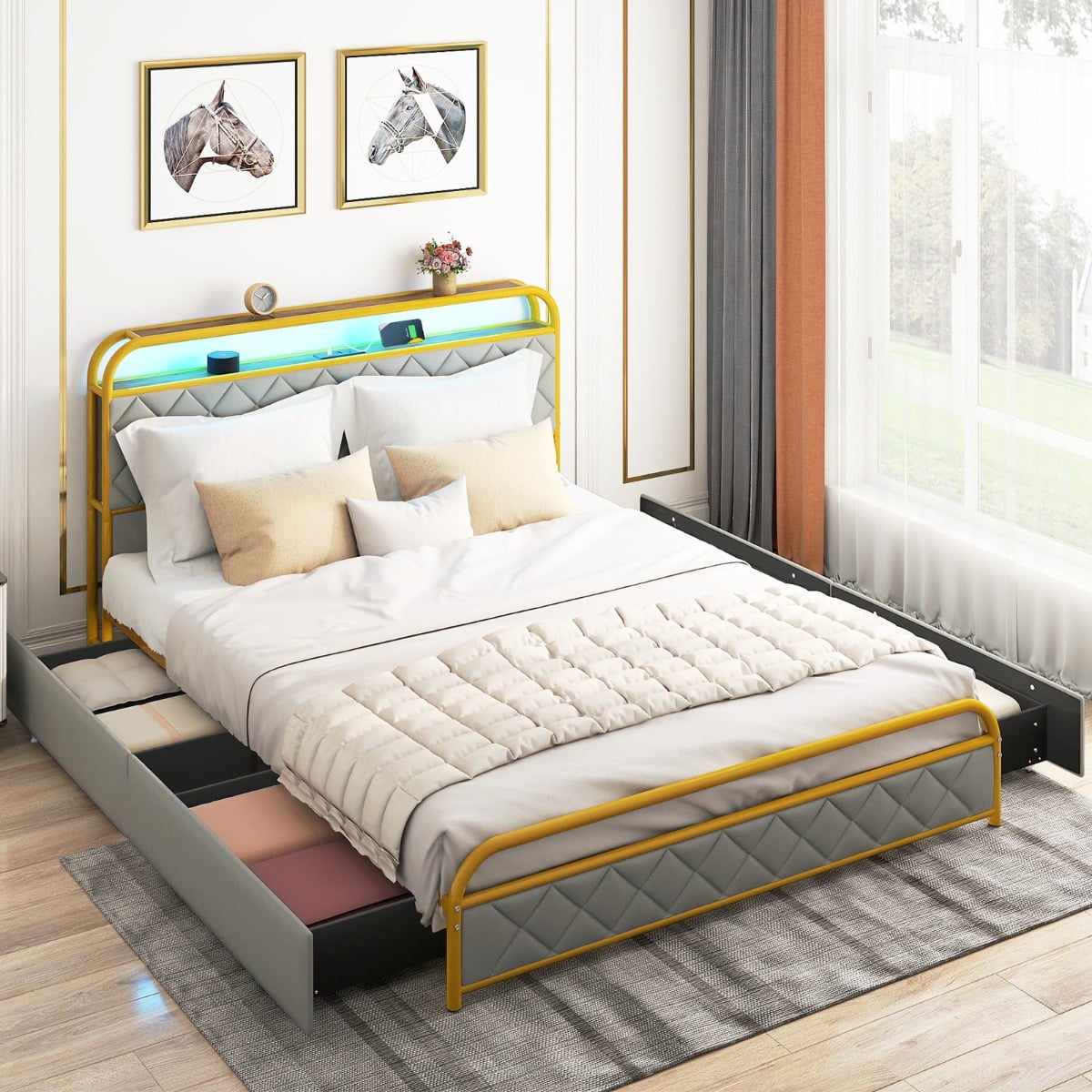 Modern Faux Leather Upholstered Platform Bed with Storage Headboard-Golden-King Size
