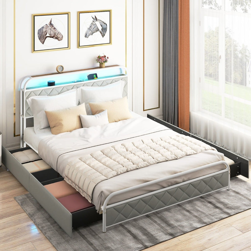 Modern Faux Leather Upholstered Platform Bed with Storage Headboard-Golden-King Size