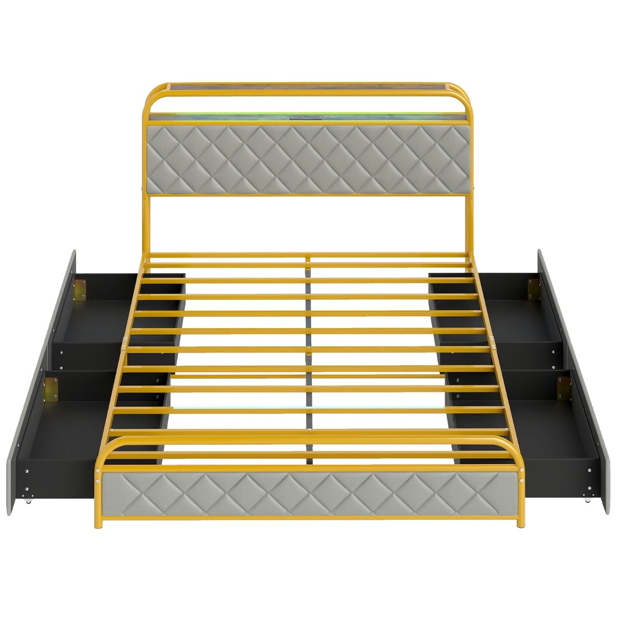 Modern Faux Leather Upholstered Platform Bed with Storage Headboard-Golden-King Size