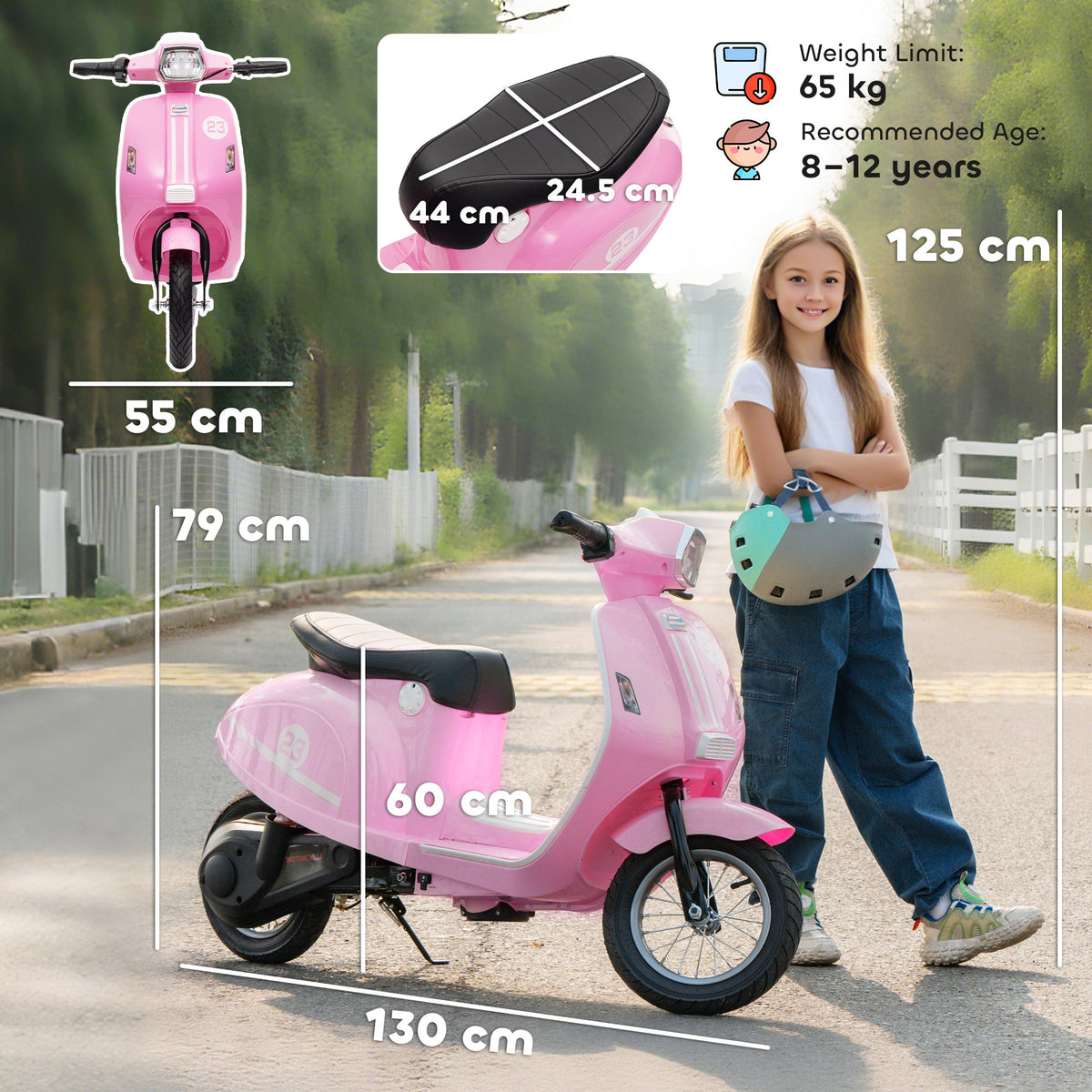 AIYAPLAY 24V Kids Electric Motorbike, Ride on Motorcycle with Manual Throttle, Brakes and LED Lights for Ages 8-12 Years, Pink