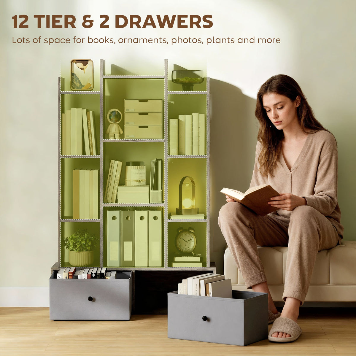HOMCOM 12 Shelf Storage Unit, with Drawers - Graphite Wood Effect