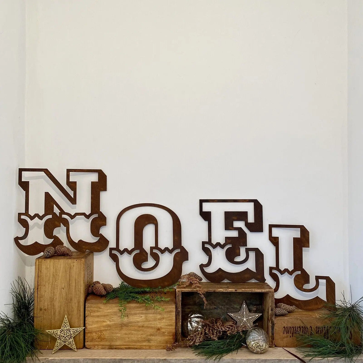 Christmas Fireplace Mantle Sign Decoration NOEL in 12 inch Tall Rustic Rusted Carnival Letters