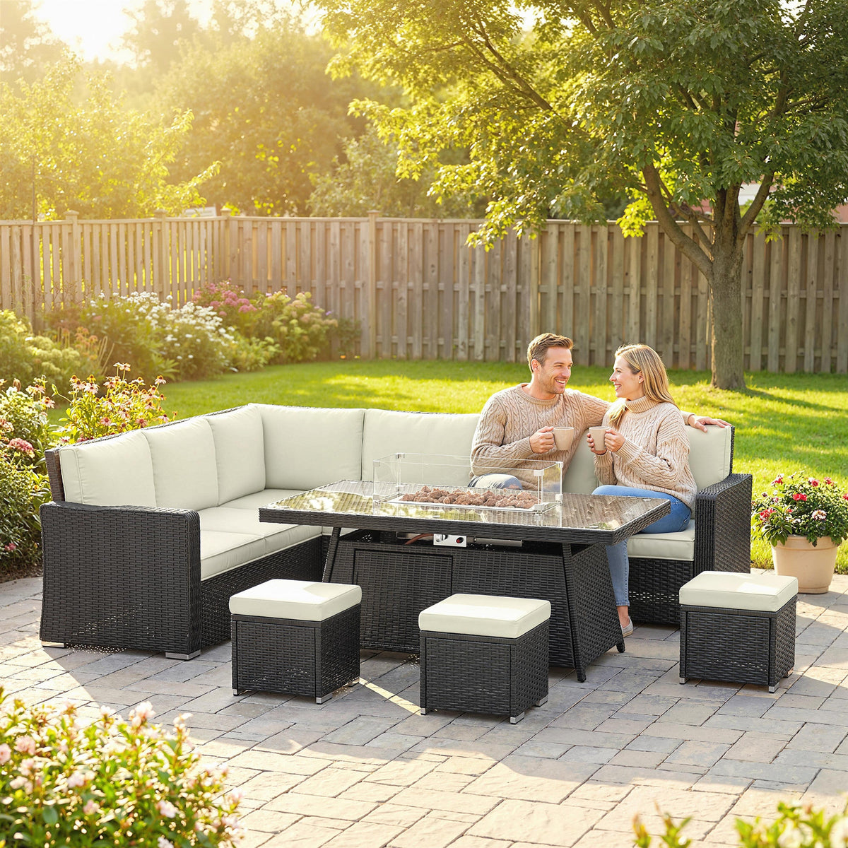Outsunny 7 Pieces PE Rattan Garden Furniture Set, 50,000 BTU Gas Fire Pit Table, Double Corner Sofa and 3 Footstools