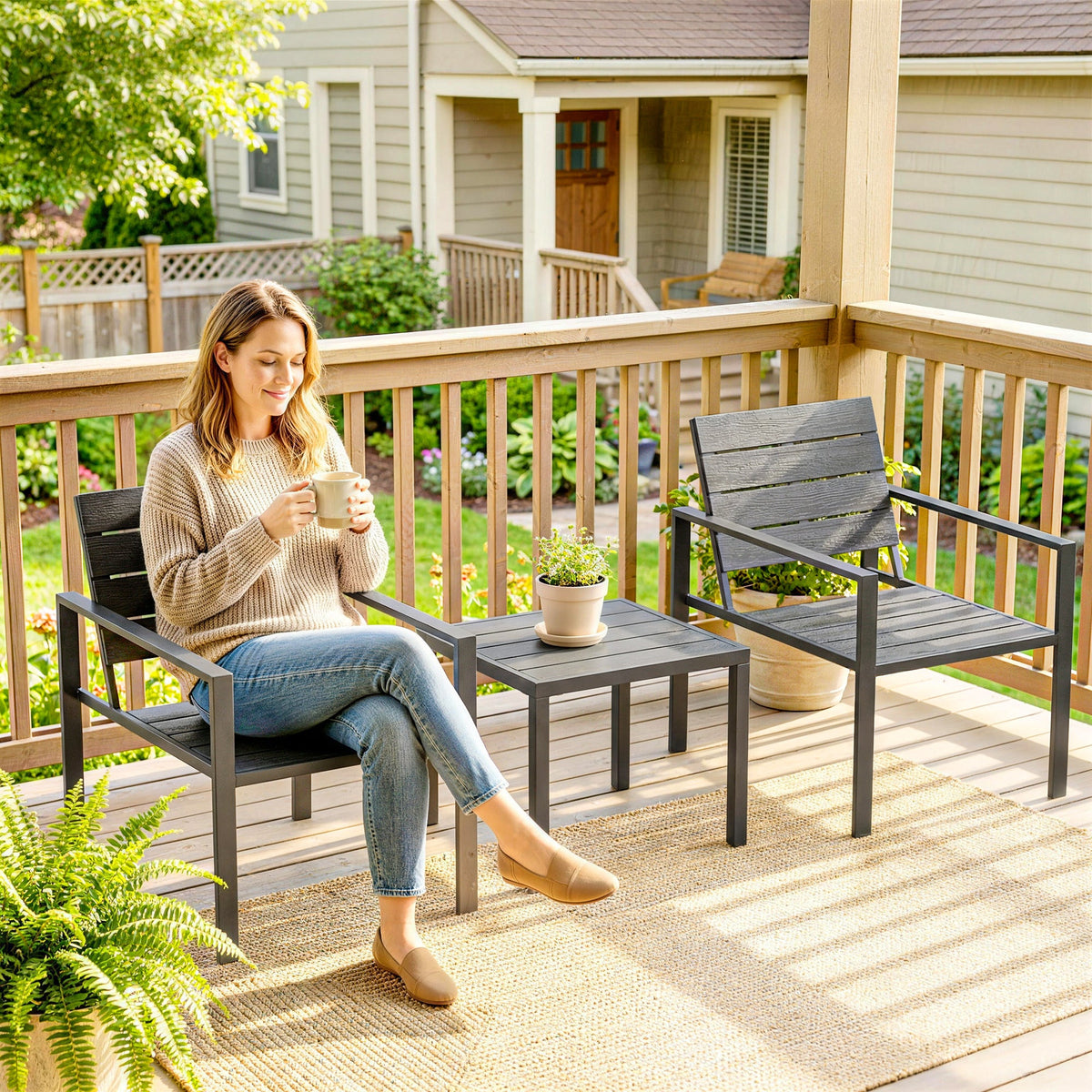 Outsunny 3 Pieces Garden Bistro Set for 2, Outdoor Bistro Table and Chairs with Metal Frame, Plastic Patio Furniture Set - Dark Grey