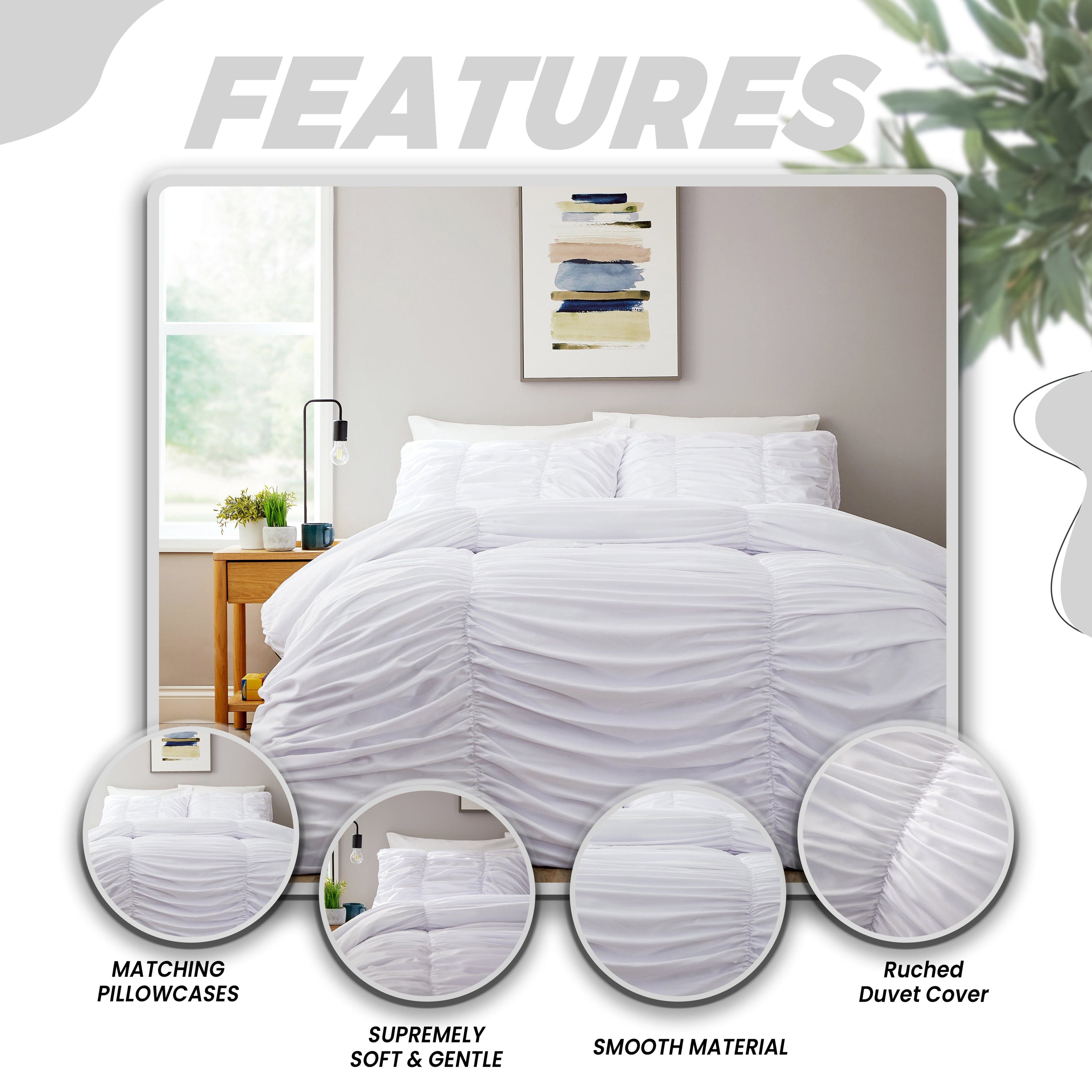 OLIVIA ROCCO Ruched White Microfibre Duvet Cover Set With Pillowcases Ruffle Bedding