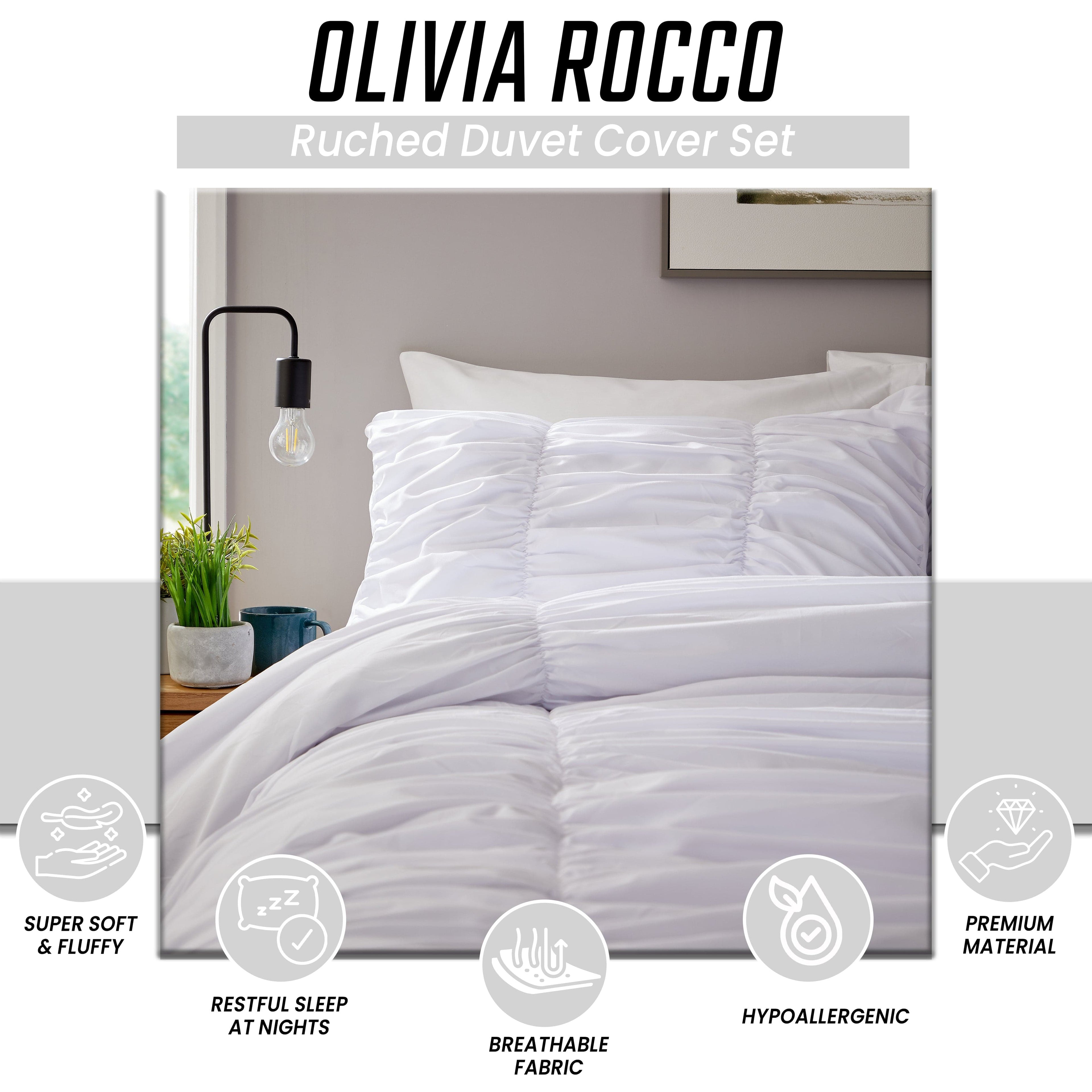 OLIVIA ROCCO Ruched White Microfibre Duvet Cover Set With Pillowcases Ruffle Bedding