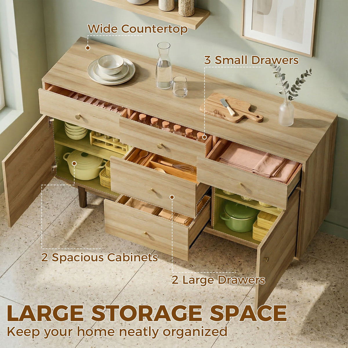 HOMCOM Sideboard with 5 Drawers and 2 Cabinets Buffet Cabinet with Solid Wood Legs 136 cm Walnut