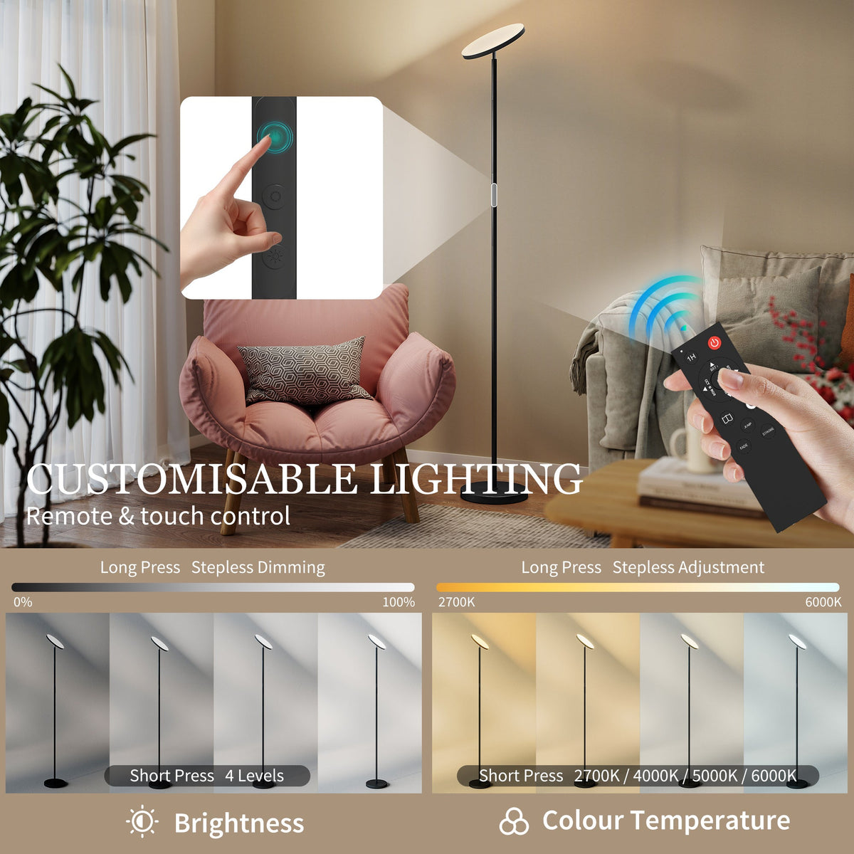 HOMCOM RGB Uplighter Floor Lamp, Tall Dimmable Standing Lamp with Remote & Touch Control, 350° Rotatable Head for Living Room Bedroom, 2700K-6000K Colour Temperatures, Black