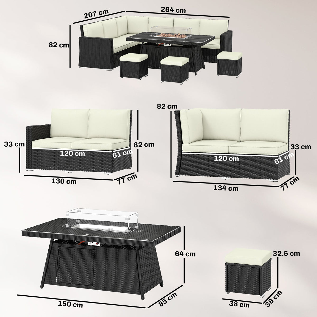 Outsunny 7 Pieces PE Rattan Garden Furniture Set, 50,000 BTU Gas Fire Pit Table, Double Corner Sofa and 3 Footstools