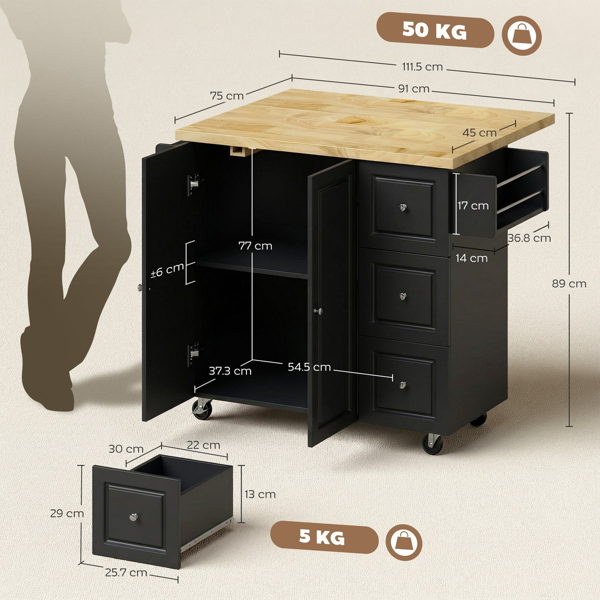 HOMCOM Kitchen Island on Wheels, Rolling Kitchen Storage Trolley with Drop Leaf, Drawers, Towel and Spice Rack, Black