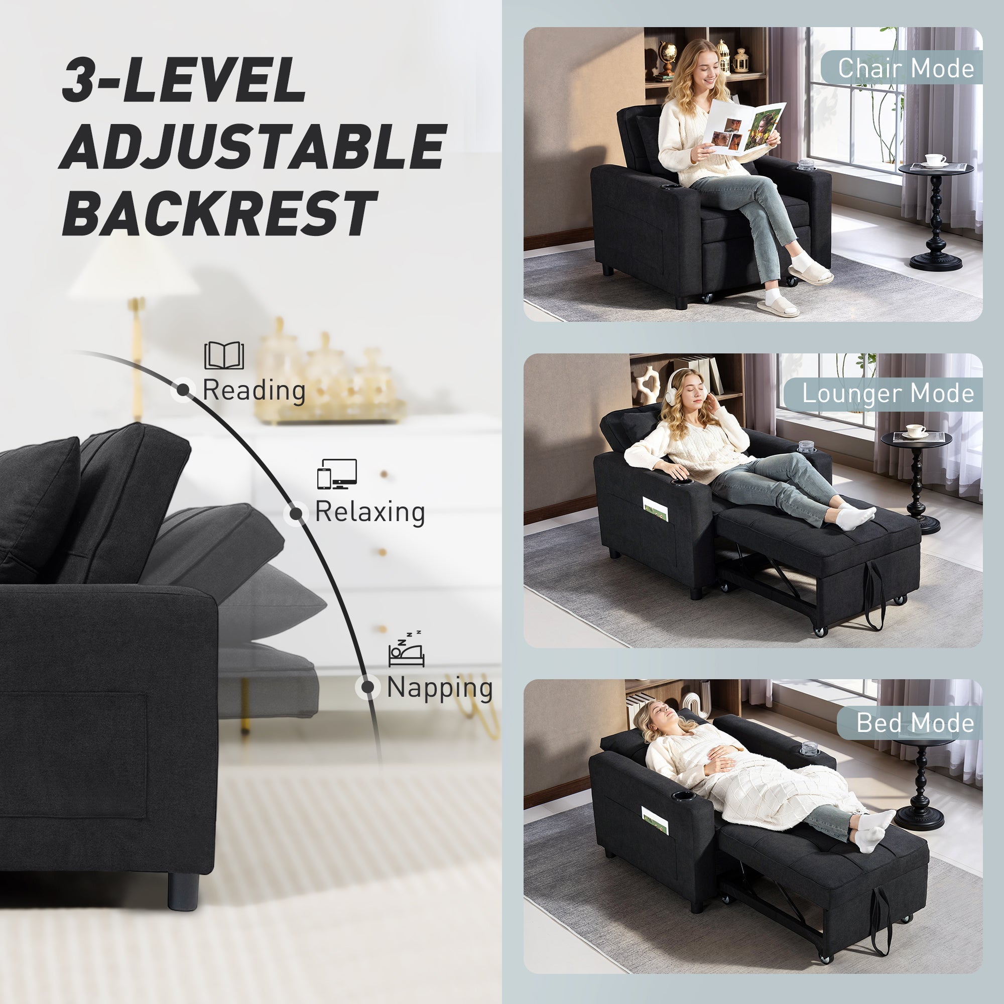 HOMCOM 3-in-1 Single Sofa Bed, Convertible Sleeper Chair Bed - Black