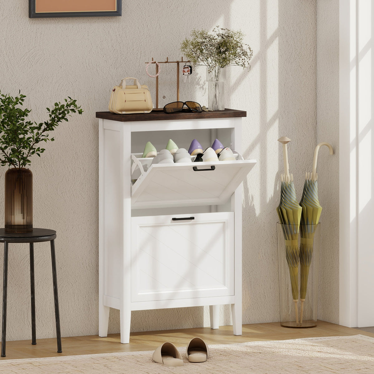 HOMCOM Shoe Cabinet with 2 Flip Drawers, Farmhouse Narrow Shoe Storage Cabinet with Adjustable Shelves, White
