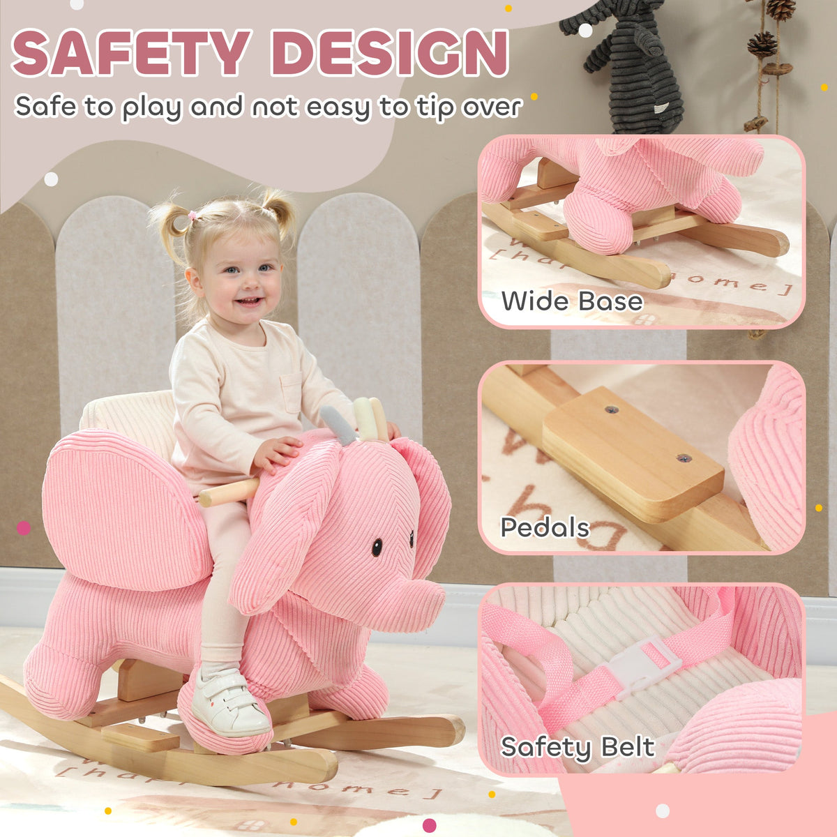AIYAPLAY Kids Rocking Horse, Baby Ride on Elephant Rocker with Safety Belt and Sound for Toddlers 18 to 36 Months, Pink