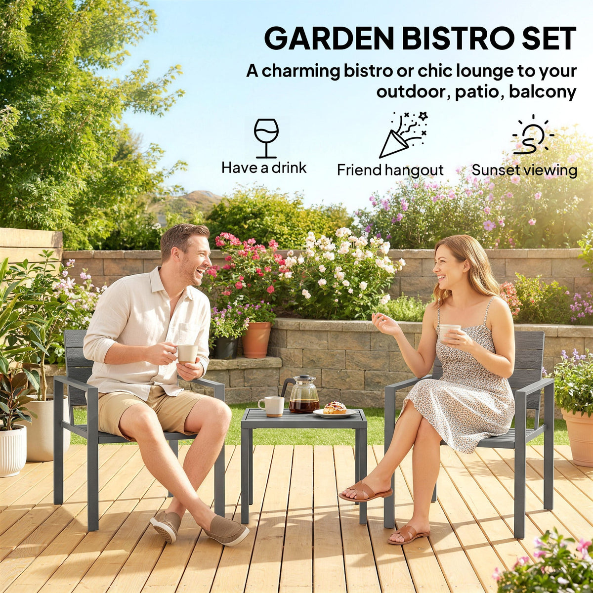 Outsunny 3 Pieces Garden Bistro Set for 2, Outdoor Bistro Table and Chairs with Metal Frame, Plastic Patio Furniture Set - Dark Grey