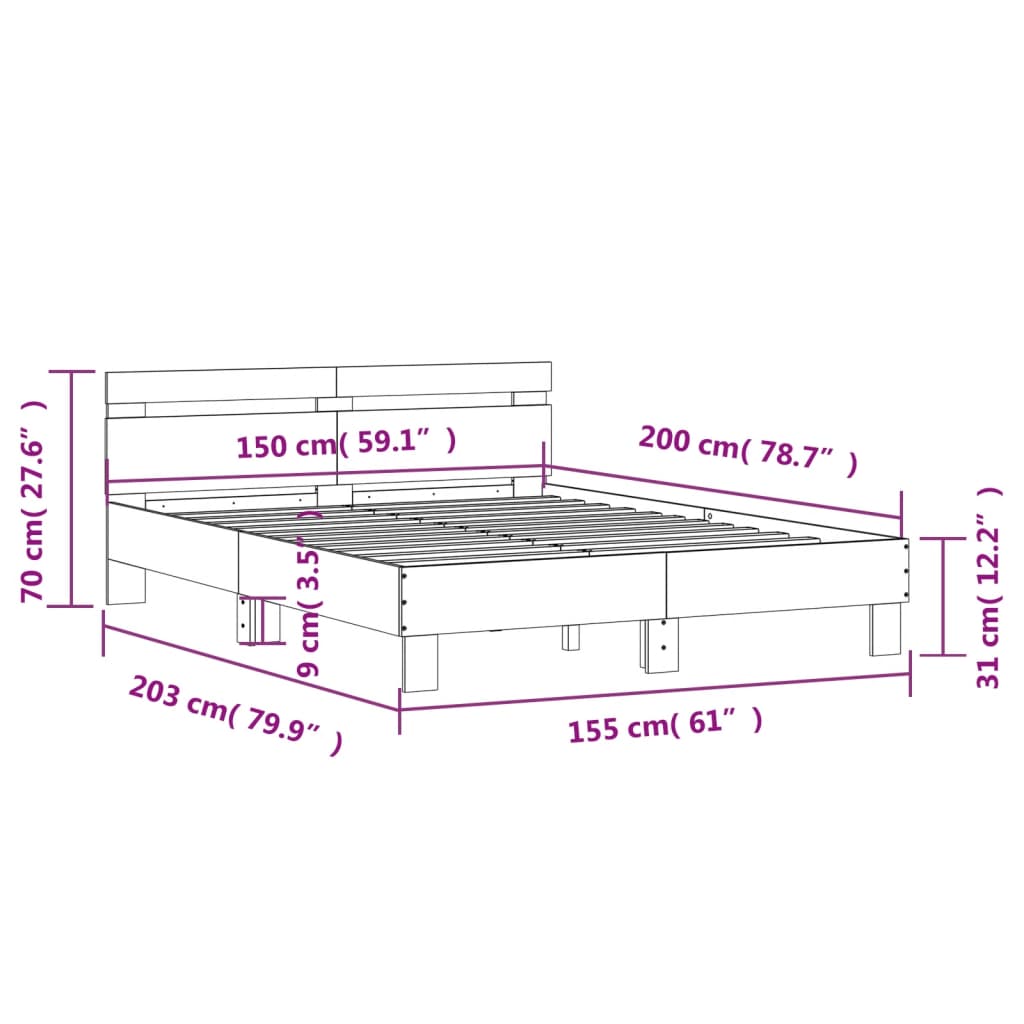 Bed Frame with LED without Mattress Concrete Grey 150x200 cm King Size