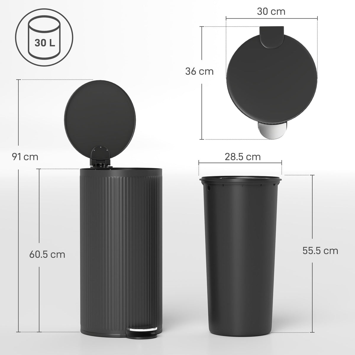 HOMCOM 30 Litre Pedal Kitchen Bin with Soft Close and Stay Open Lid, Rubbish Bin with Removable Inner Bucket for Kitchen, Office, Home, Black