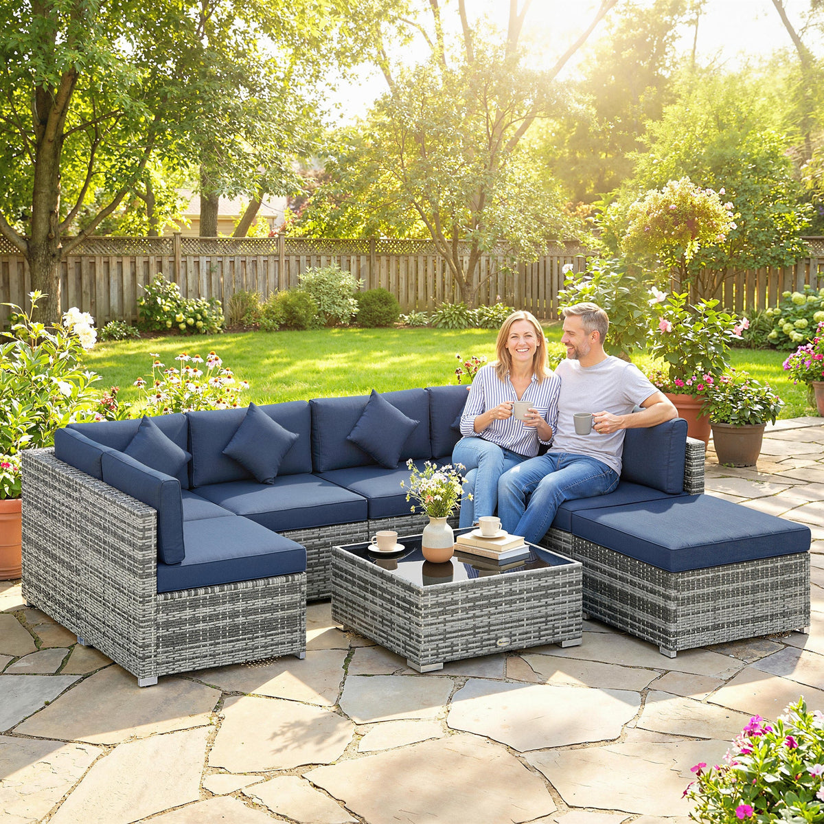 Outsunny 8 Pieces PE Rattan Corner Sofa Set, Outdoor Garden Furniture Set, Patio Wicker Sofa Seater w/ Cushion, Dark Blue