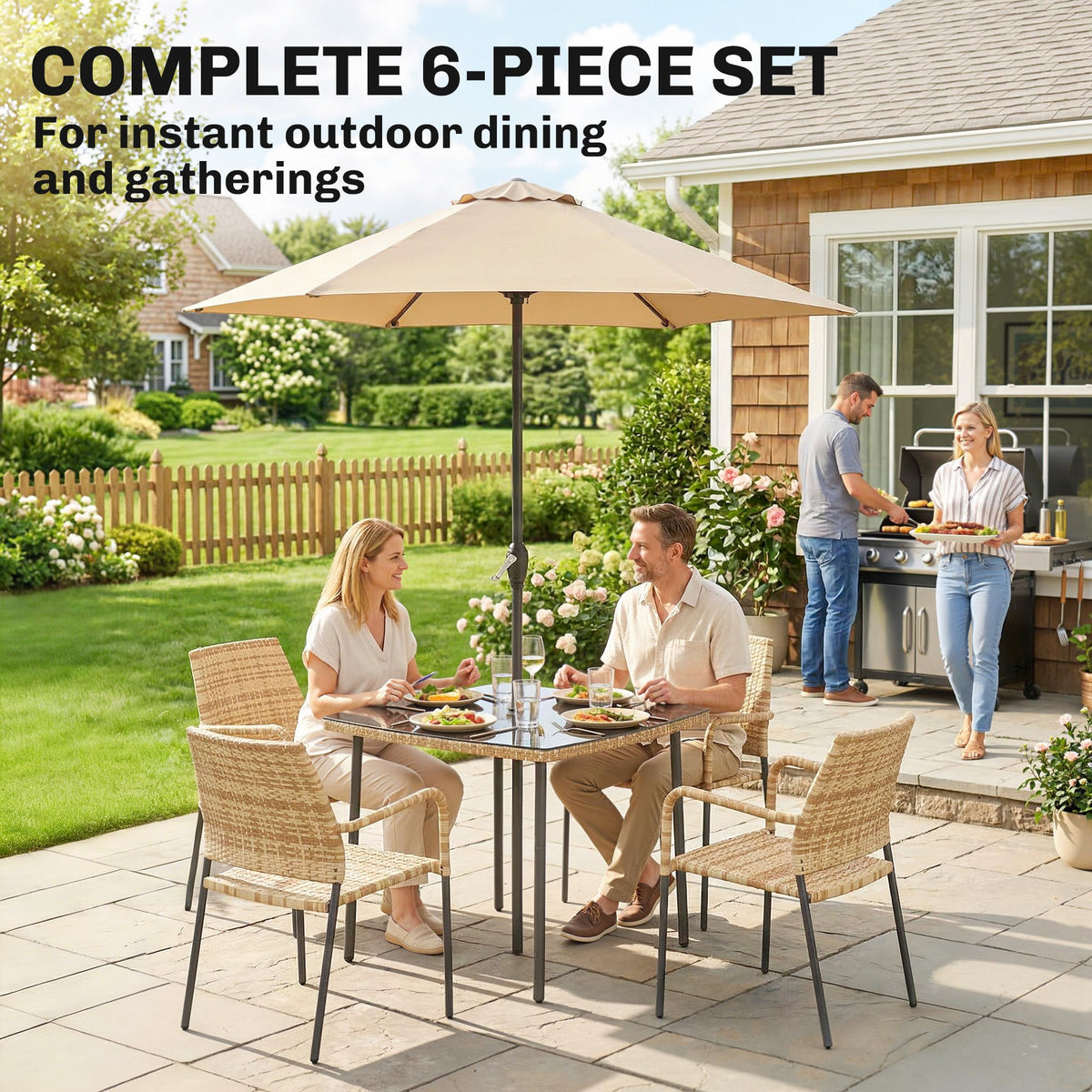 Outsunny 4 Seater Rattan Dining Set with Parasol, 6 Piece Garden Table and Stackable Chairs with Tempered Glass Tabletop - Brown