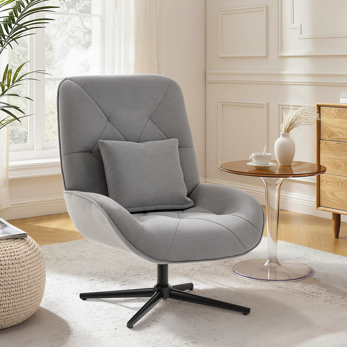 HOMCOM Accent Chair, Chenille Upholstered Swivel Armchair with Lumbar Pillow, High Back, Deep Seat and Metal Legs, Light Grey