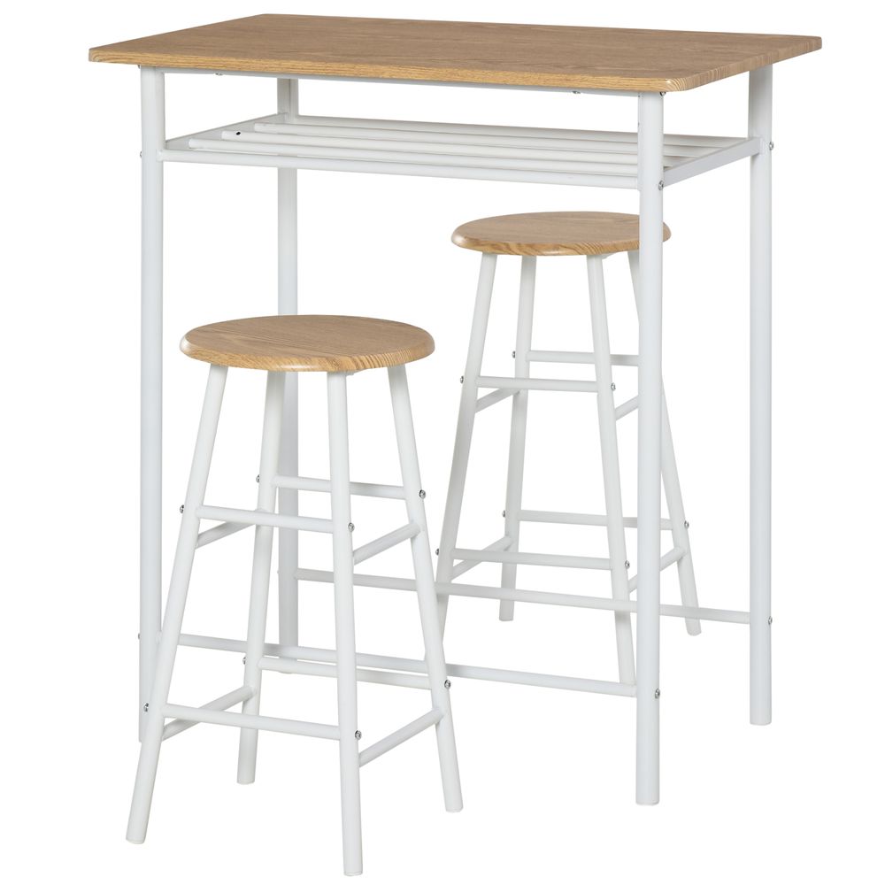 3Pc Bar Height Dining Set: White Oak; 3-Piece Kitchen Furniture for Small Spaces; Steel Frame; High-Quality MDF Tops