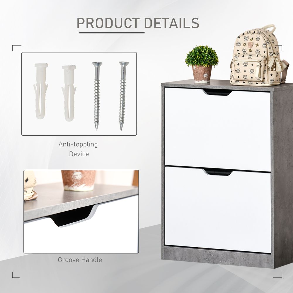 HOMCOM Two Drawer Shoe Cabinet Home Storage Organiser w/Groove Handles Adjustable Shelves Modern Boxy Rack Hallway Bedroom Furniture