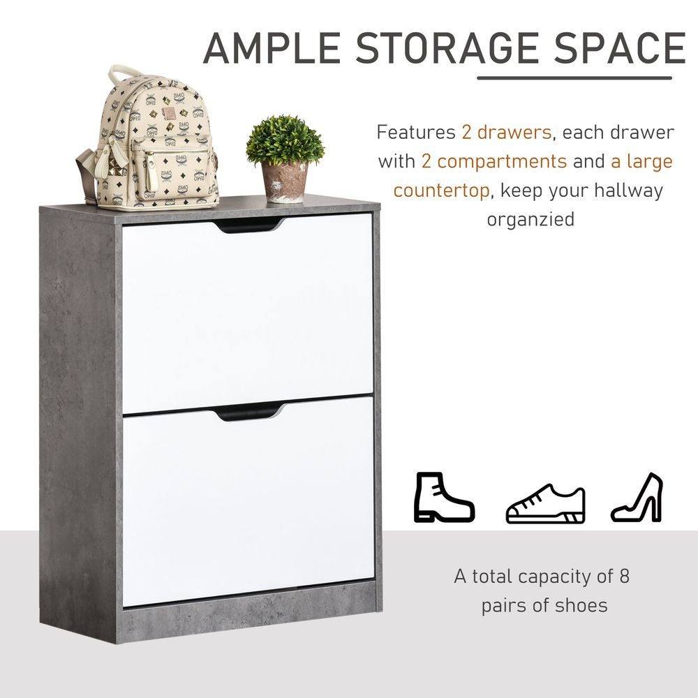 HOMCOM Two Drawer Shoe Cabinet Home Storage Organiser w/Groove Handles Adjustable Shelves Modern Boxy Rack Hallway Bedroom Furniture