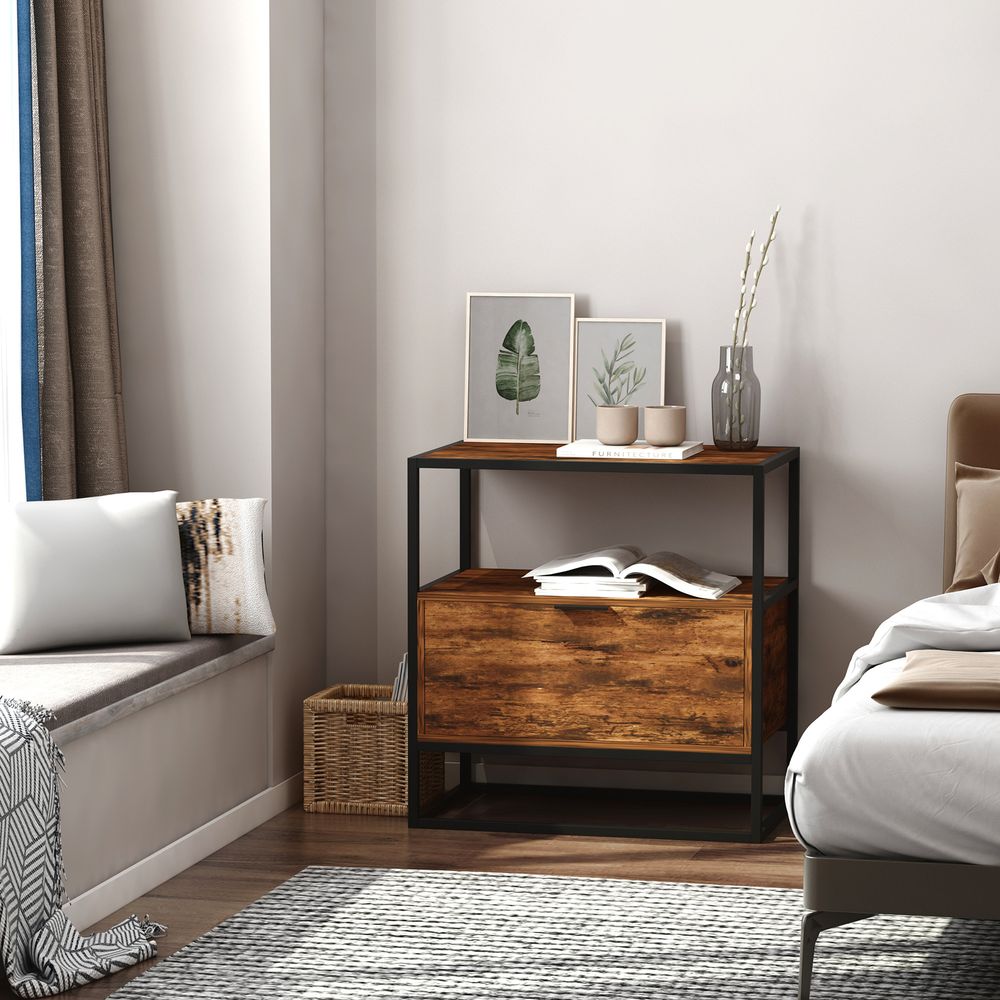 HOMCOM Industrial-Style Side Table w/Drawer Open Shelf Steel Frame Large Base Two-Tone Retro Stylish Home Furniture Bedroom Living Room