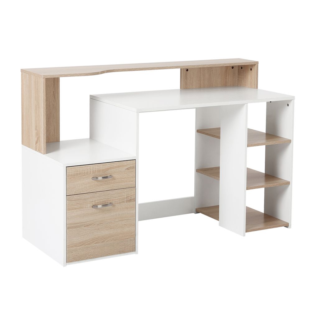 HOMCOM Computer Desk PC Table Modern Home Office Writing Workstation Furniture Printer Shelf Rack w/Storage Drawer & Shelves (Oak and white)