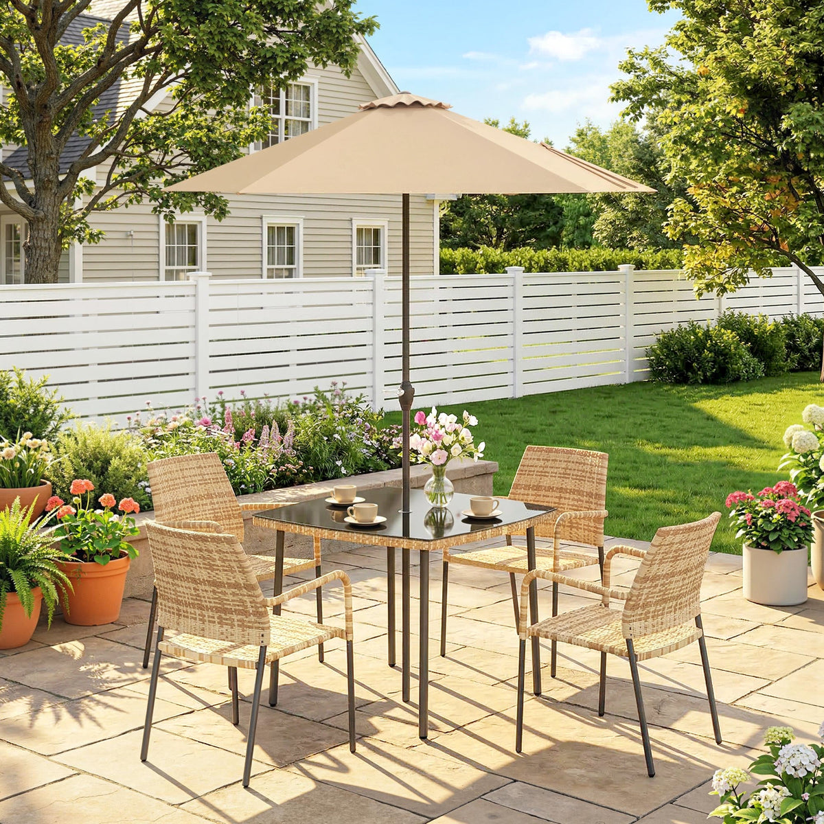 Outsunny 4 Seater Rattan Dining Set with Parasol, 6 Piece Garden Table and Stackable Chairs with Tempered Glass Tabletop - Brown