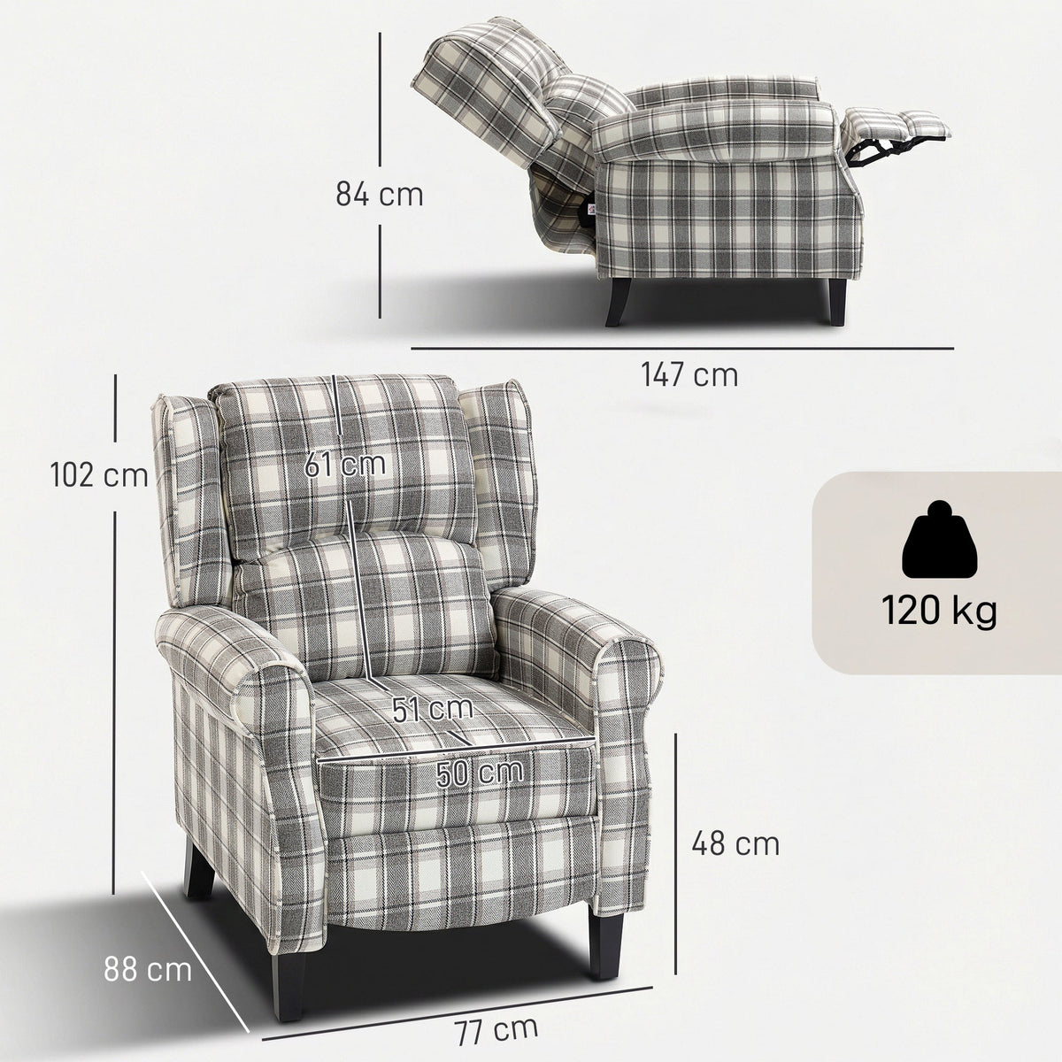 HOMCOM 160° Reclining Armchair, with Footrest - Grey and White