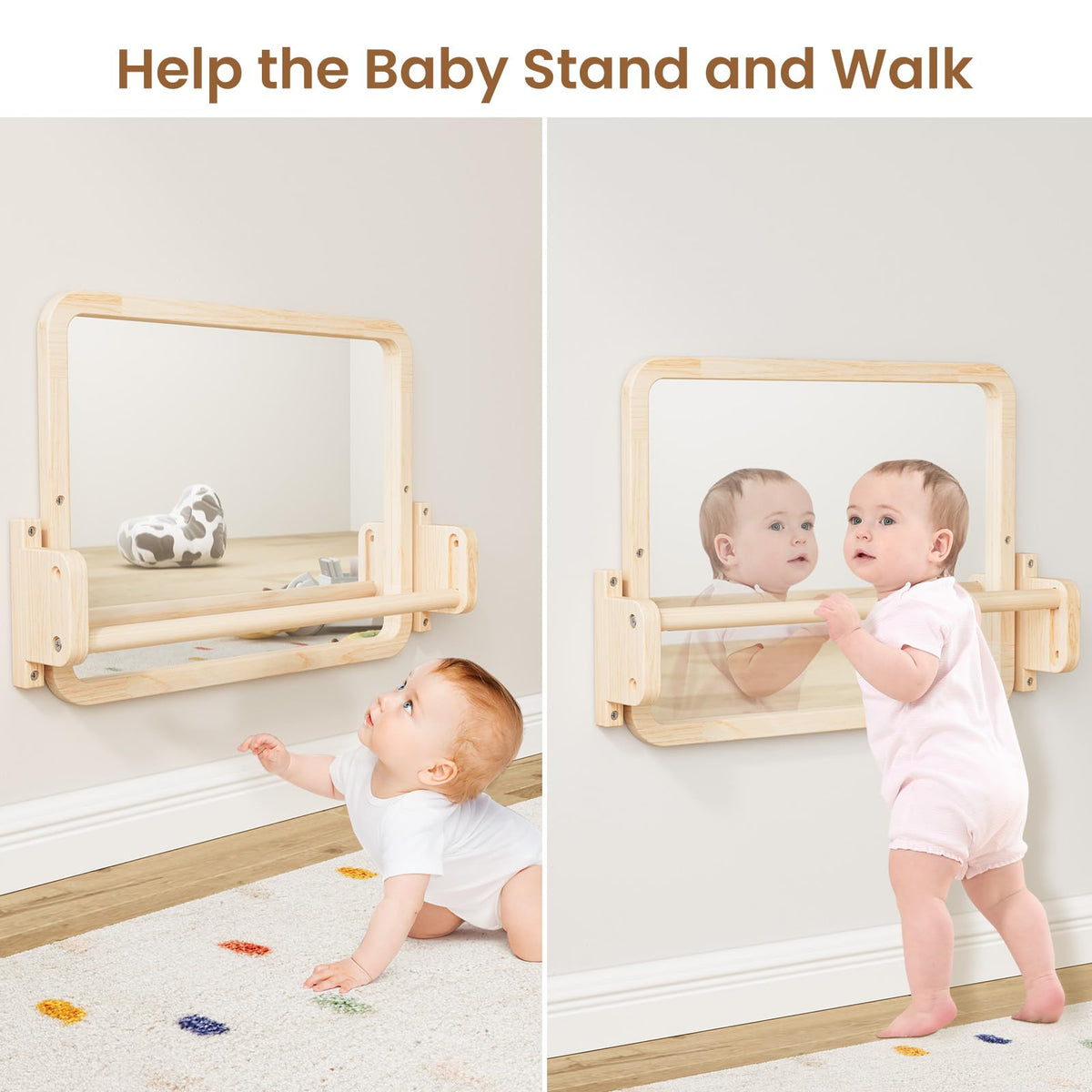 Woodtoe Montessori Mirror with Bar - Adjustable Pull-Up Toy for 6-18 Months