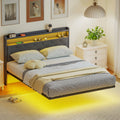 HOMCOM Floating Bed Frame, Upholstered 4ft6 Double Size Bed, Platform Bed with RGB LED Lights and Charging Station, Grey