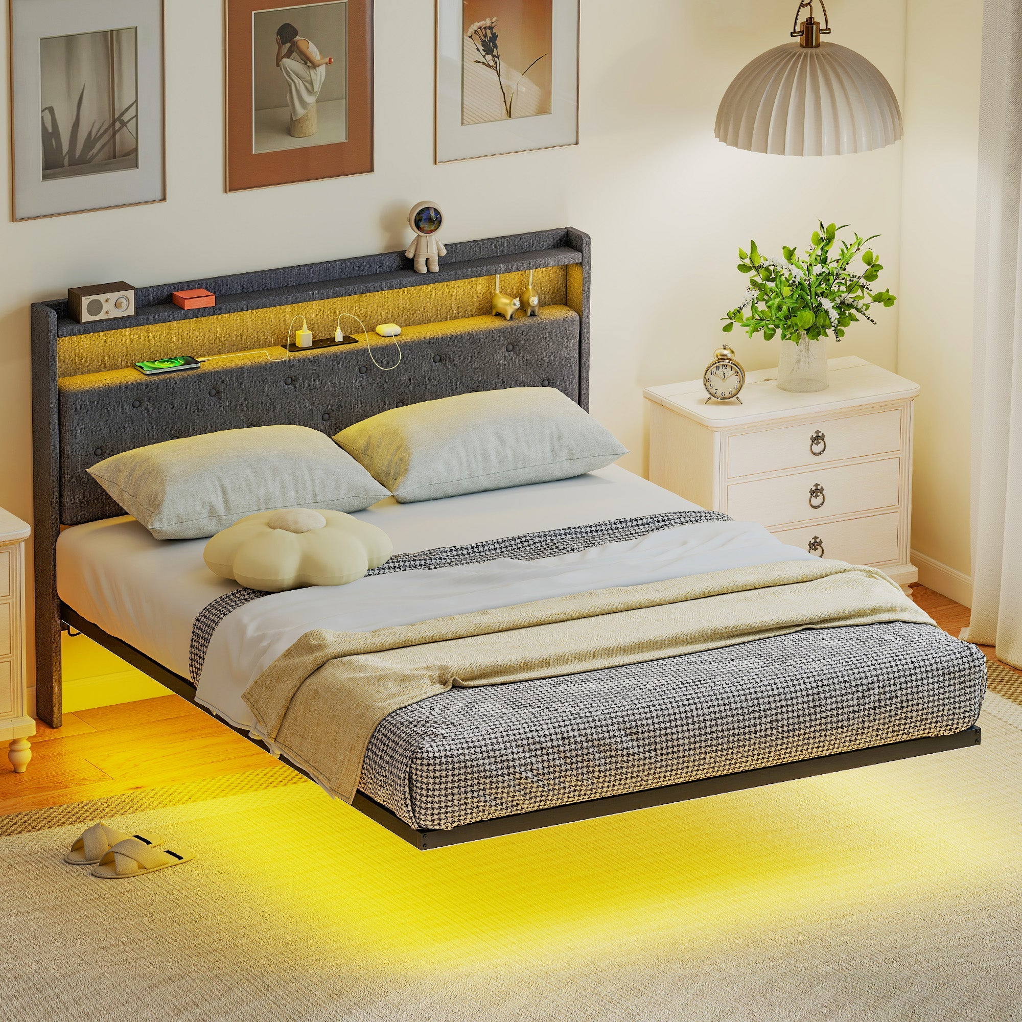 HOMCOM Floating Bed Frame, Upholstered 4ft6 Double Size Bed, Platform Bed with RGB LED Lights and Charging Station, Grey