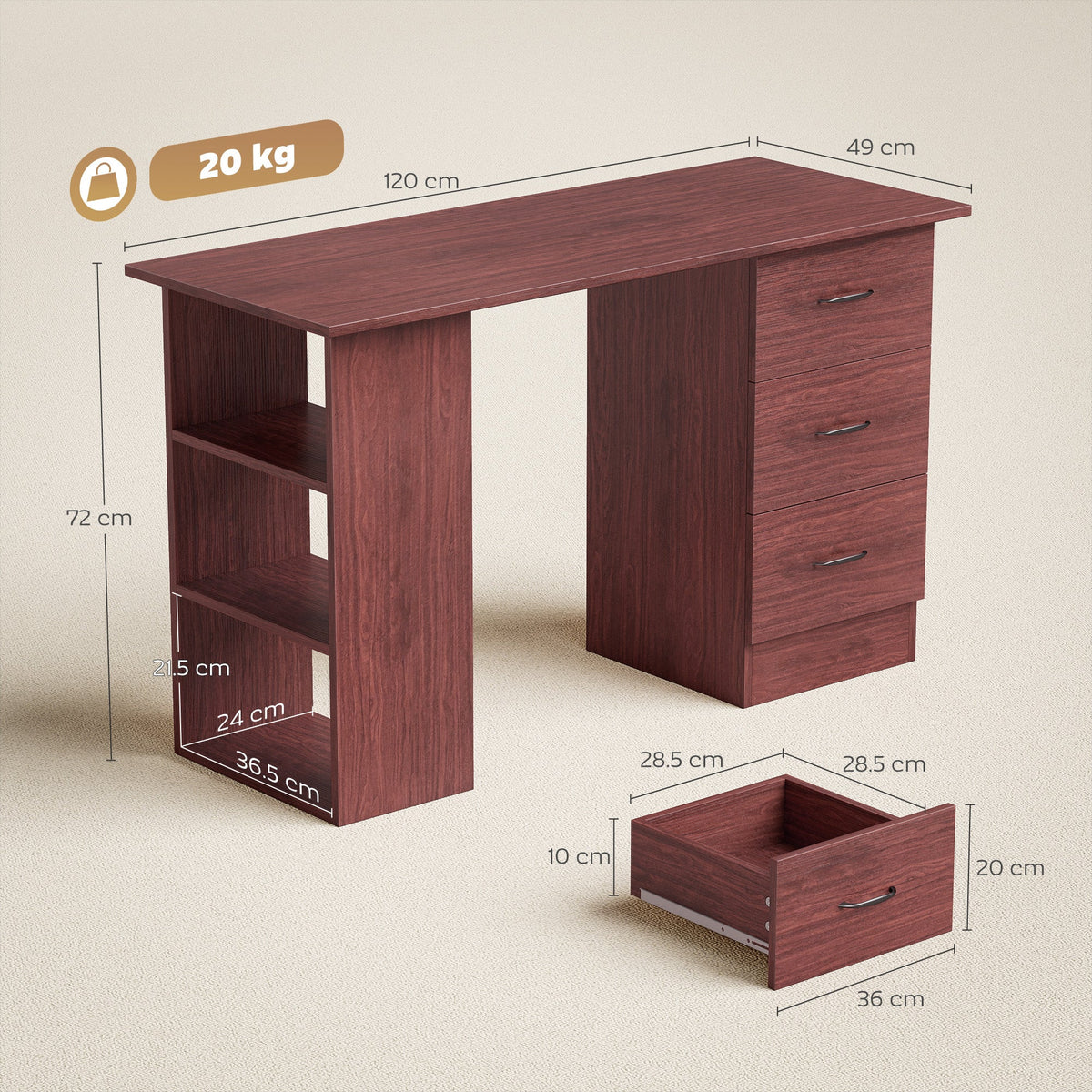 HOMCOM Computer Desk, Writing Table, PC Workstation with 3 Storage Shelves and Drawers, Handle, for Home Office, Walnut Brown