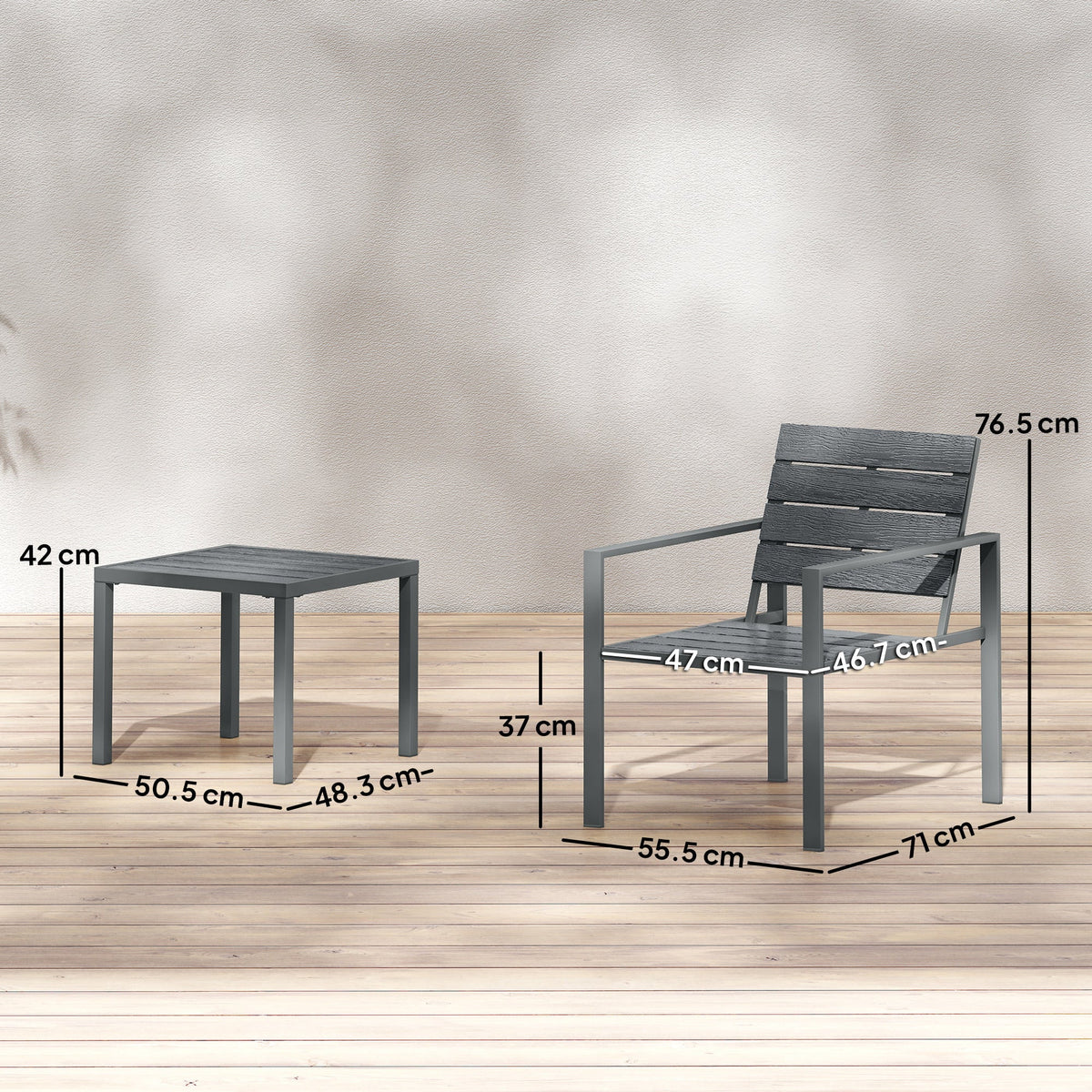 Outsunny 3 Pieces Garden Bistro Set for 2, Outdoor Bistro Table and Chairs with Metal Frame, Plastic Patio Furniture Set - Dark Grey